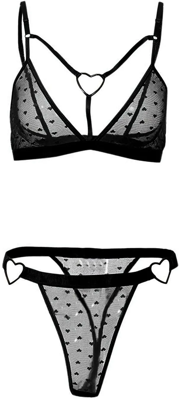 Lace Lingerie Set for Women Sexy See Through Mesh Bra and Panty Sets V Neck Criss Cross Bralette with Thong 2 Piec