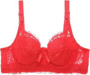Lace Push Up Bras for Women No Underwire Breathable Beauty Back Bra Full Figure Breathable V Neck Bralette Plus Size 38A Bras for Women Red, 95D
