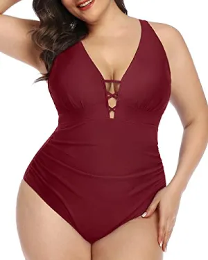 Lace Up Front Criss Cross Back Plus Size Push Up One Piece Swimsuit-Maroon