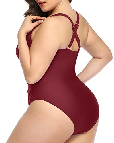 Lace Up Front Criss Cross Back Plus Size Push Up One Piece Swimsuit-Maroon