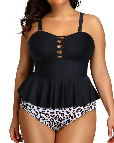 Lace Up Modest Coverage Plus Size Swimsuits For Women-Black And Leopard