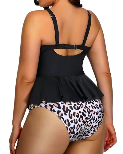 Lace Up Modest Coverage Plus Size Swimsuits For Women-Black And Leopard