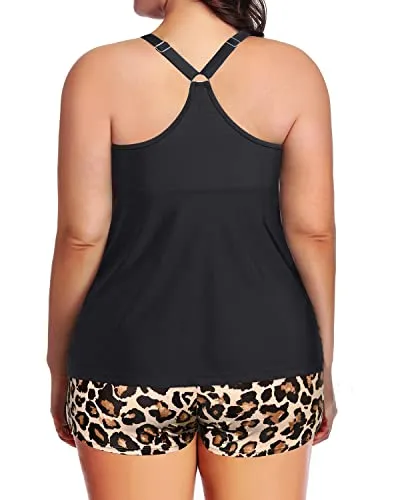 Lace Up Plus Size Tankini Swimsuits For Women Tummy Control Bathing Suits-Black And Leopard