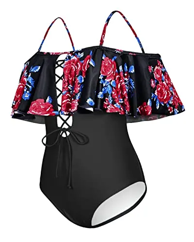 Lace-Up Strapless Bathing Suit For Ladies-Black And Red Floral