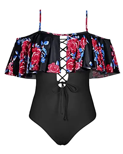 Lace-Up Strapless Bathing Suit For Ladies-Black And Red Floral