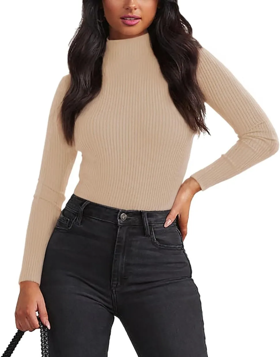 Lacozy Mock Turtle Necks Tops for Women Long Sleeve Ribbed Knit Sweater Slim Fit Basic Layer Shirts 2025 Fashion Spring Top