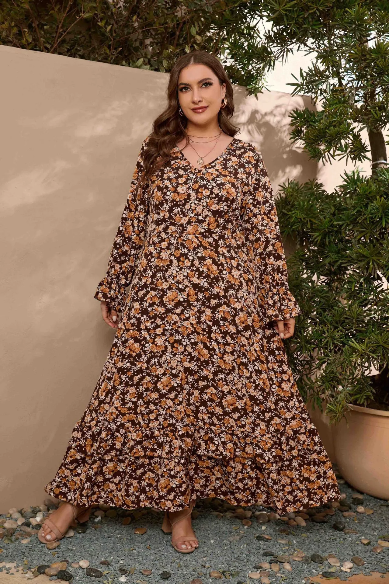 Large Size Printed Elastic Waist Printed Dress