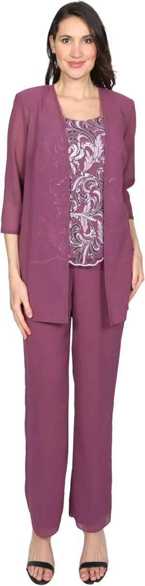 Le Bos Women's 3-Piece Pant Set with Embroidered Cami and Scalloped Hem
