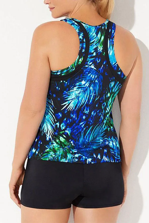 Leaf Print Sporty Tankini With Bike Short