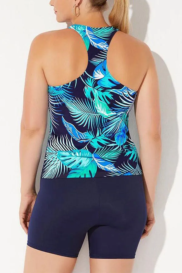 Leaf Print Sporty U Collar Tankini With Bike Short