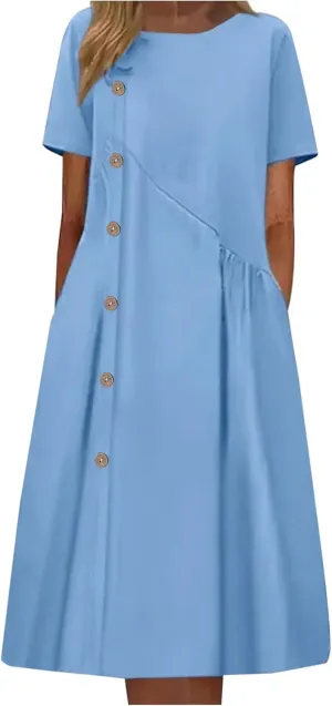LEMONONSTORE Short Sleeve Summer Dress Women Button Asymmetric Pleated A Line Dresses Casual Beach Midi Dress with Pockets