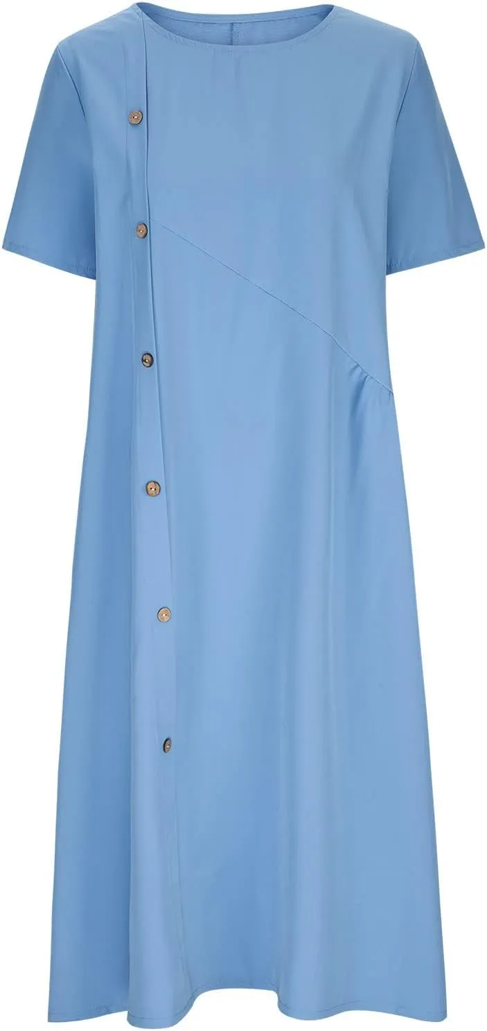 LEMONONSTORE Short Sleeve Summer Dress Women Button Asymmetric Pleated A Line Dresses Casual Beach Midi Dress with Pockets
