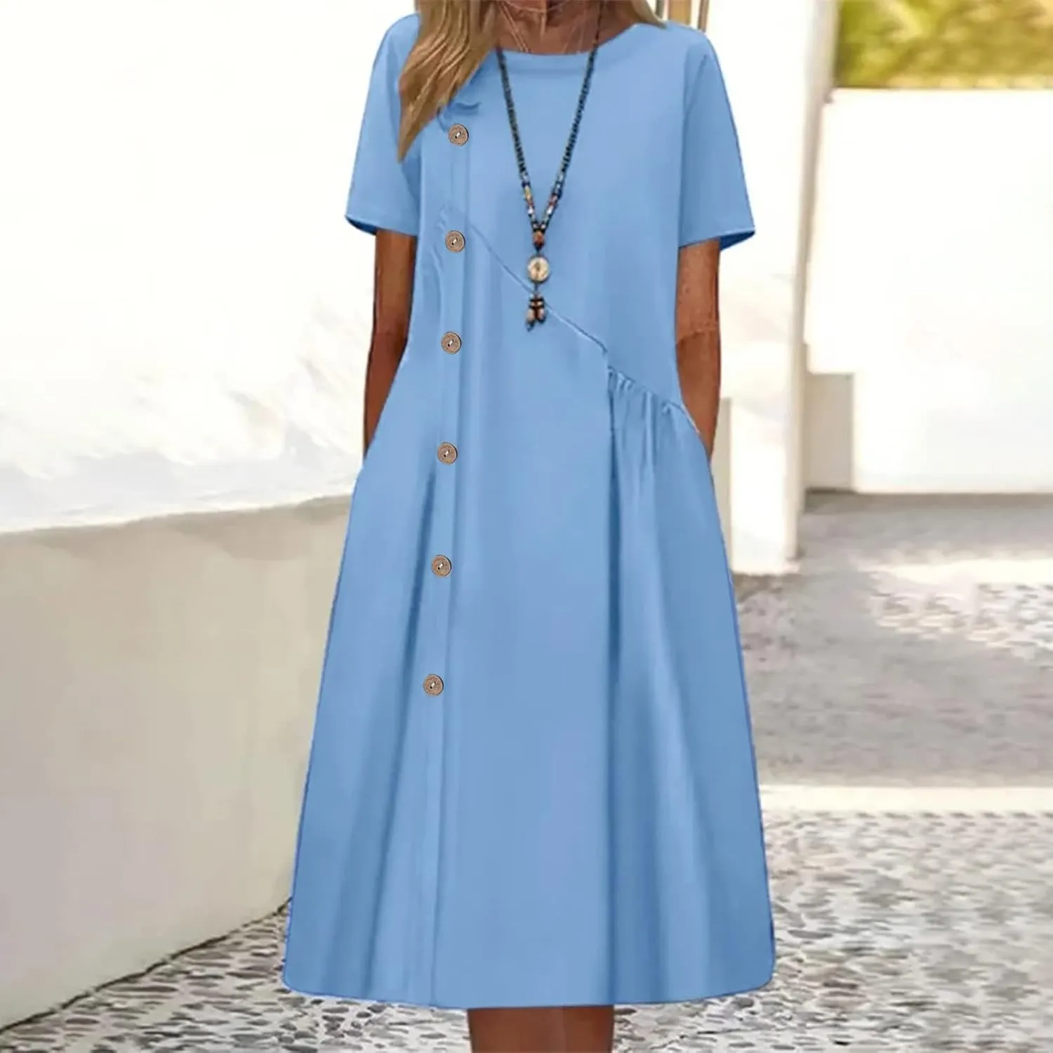 LEMONONSTORE Short Sleeve Summer Dress Women Button Asymmetric Pleated A Line Dresses Casual Beach Midi Dress with Pockets