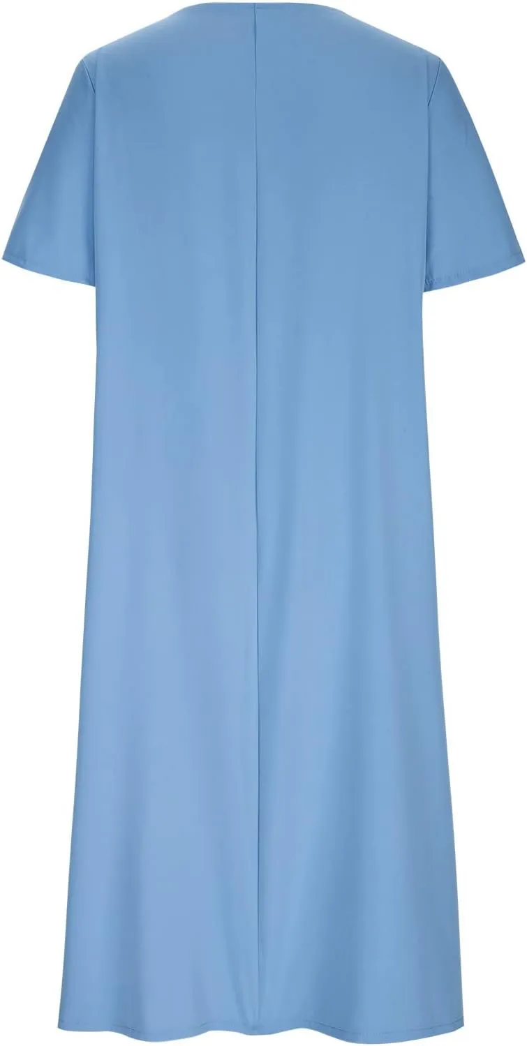 LEMONONSTORE Short Sleeve Summer Dress Women Button Asymmetric Pleated A Line Dresses Casual Beach Midi Dress with Pockets
