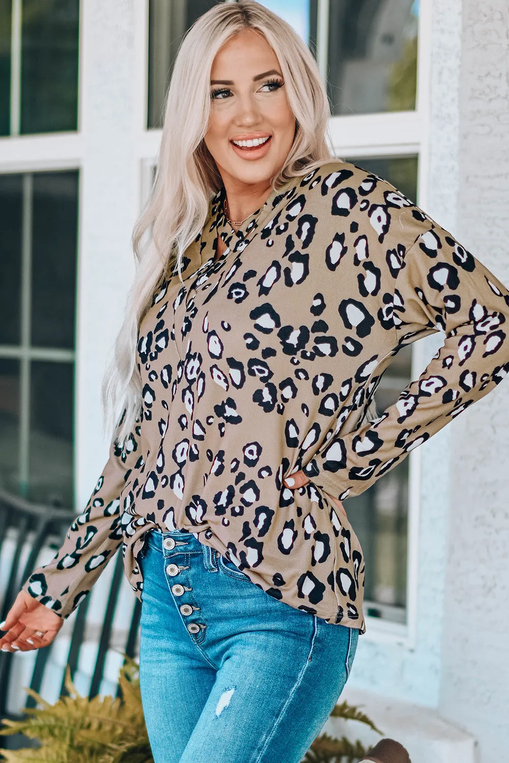 Leopard Crisscross V Neck Leopard Long Sleeve Tops