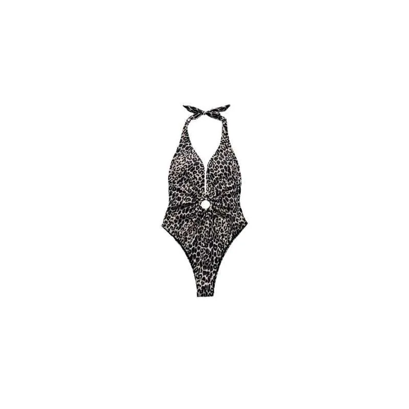 Leopard Deep V Halter Swimsuit