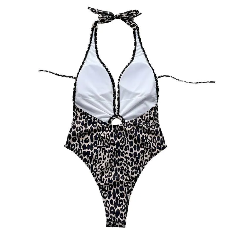 Leopard Deep V Halter Swimsuit