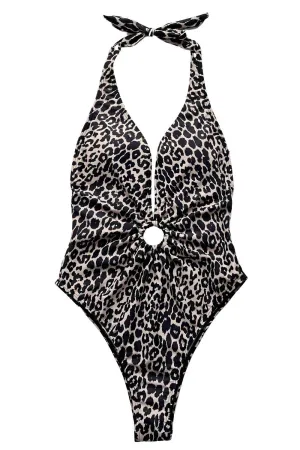 Leopard Deep V Halter Swimsuit