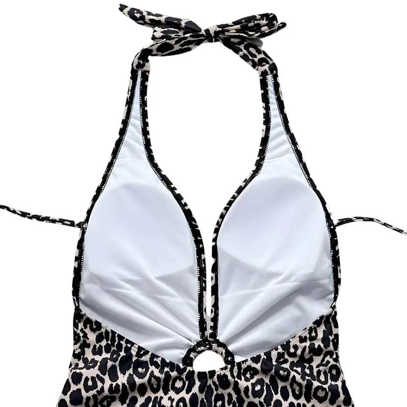 Leopard Deep V Halter Swimsuit