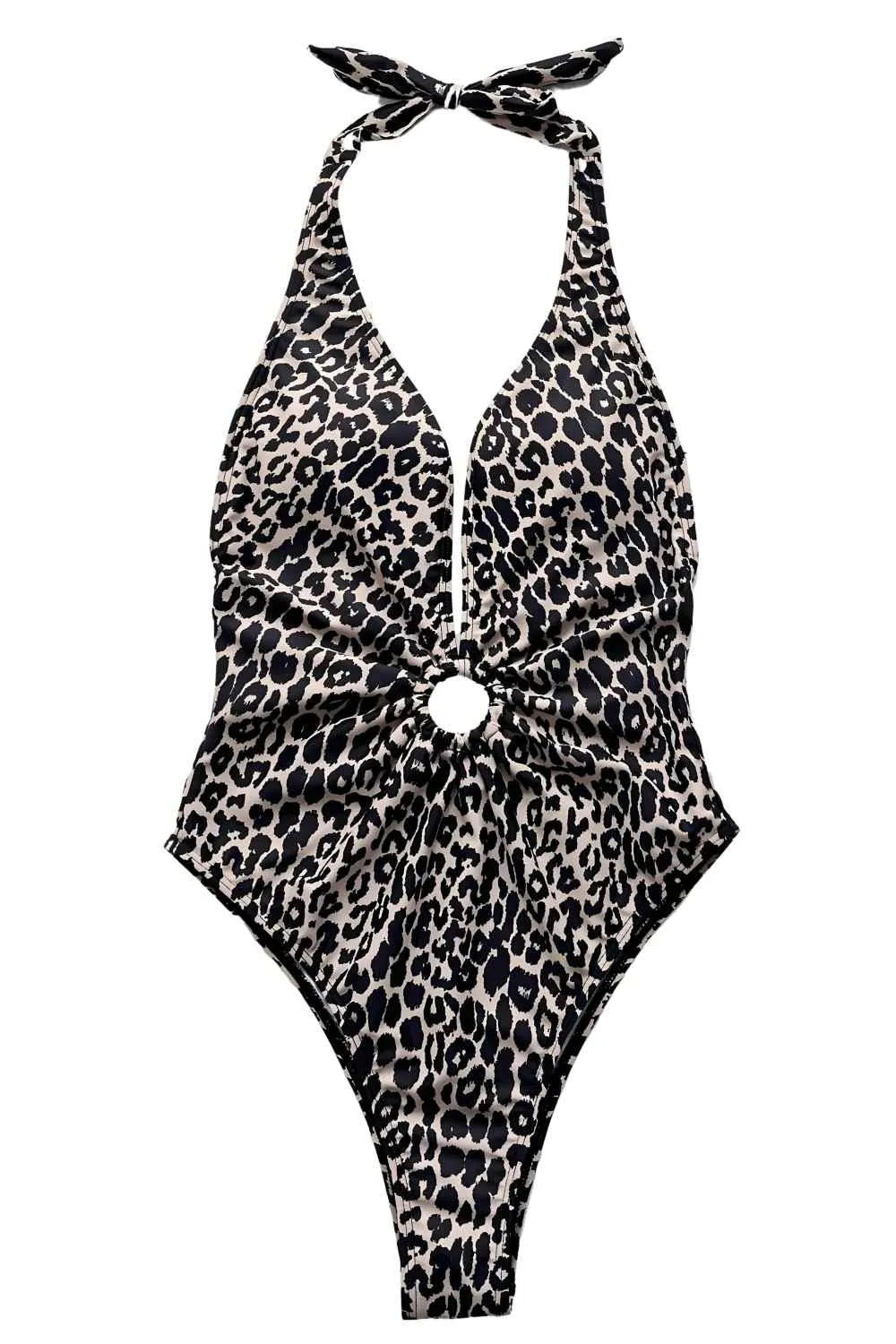 Leopard Deep V Halter Swimsuit
