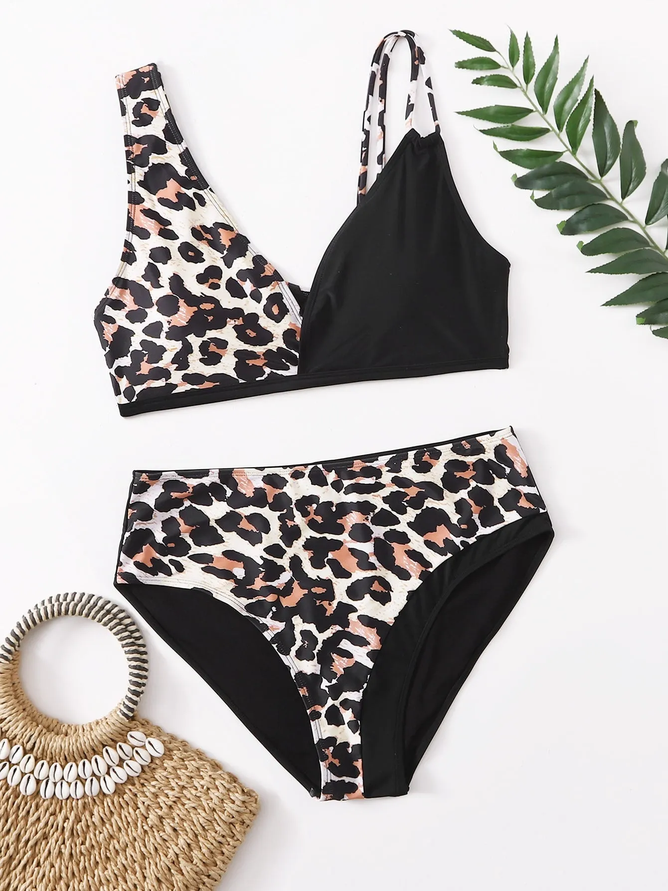 Leopard Print Fashion Two-Piece High Waist Swimsuit Plus Size Swimwear