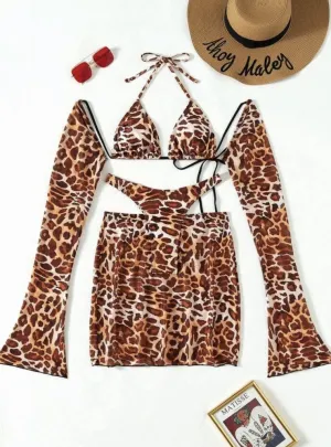 Leopard Print Gauze Four-piece Swimsuit Bikini