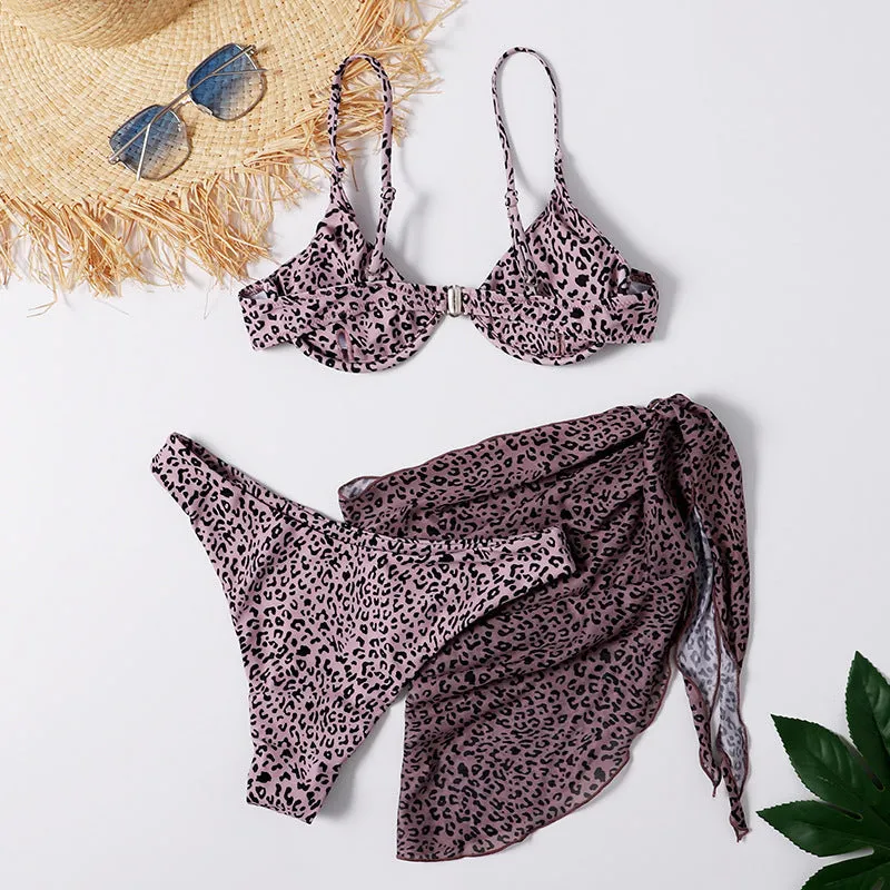 Leopard Print Skirt Three-Piece Swimsuit