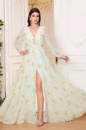 Light Green V Neck Long Sleeve Pleated Floral Maxi Dress with Slit