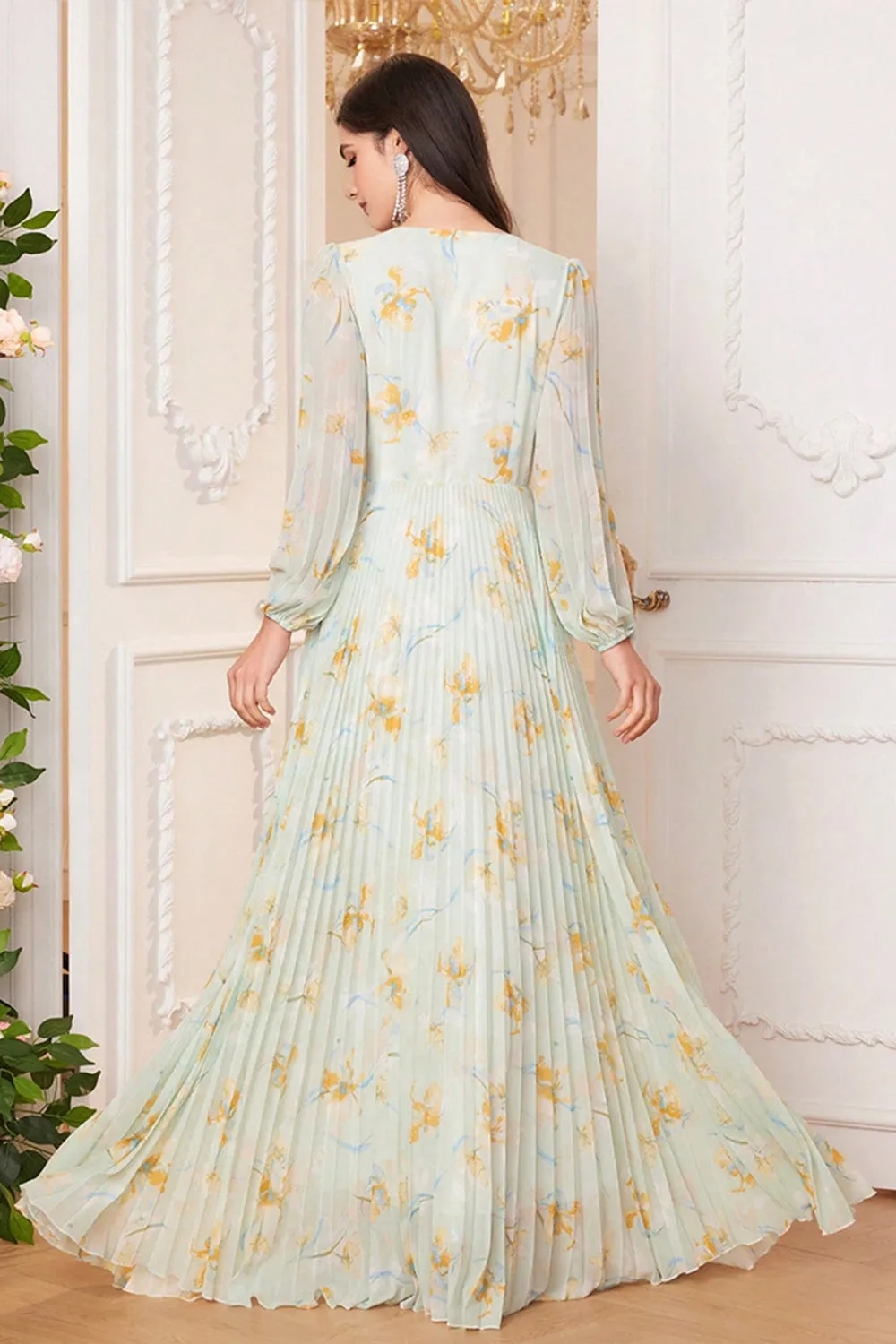 Light Green V Neck Long Sleeve Pleated Floral Maxi Dress with Slit