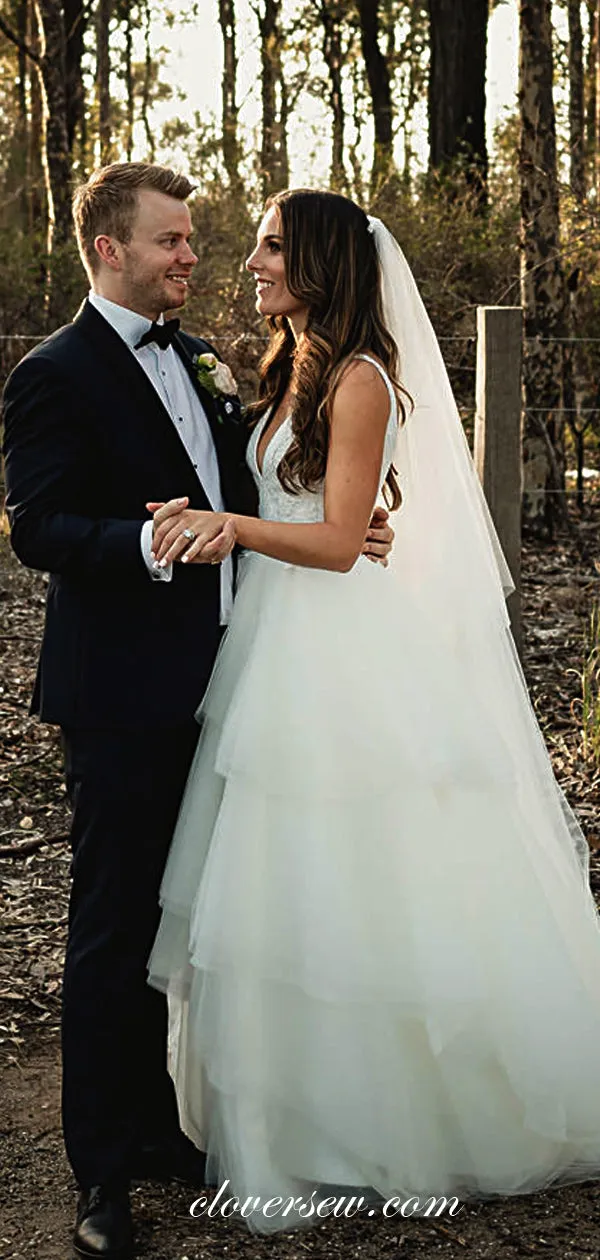Light Ivory Tulle Applique Tiered A-line Country Wedding Dresses , CW0034