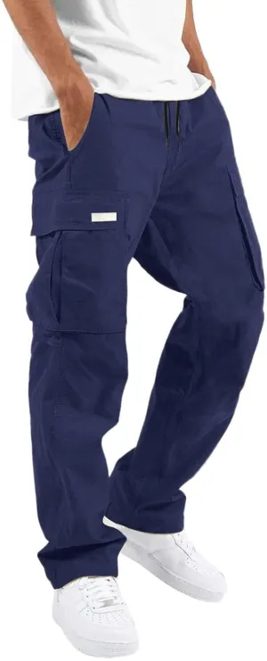 Linen Pants for Men Seasonal Casual Multi-Pocket Sweatpants Foot Rope Waist Tie Solid Pants Plus Size Trousers