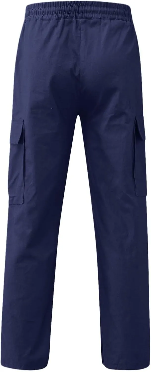 Linen Pants for Men Seasonal Casual Multi-Pocket Sweatpants Foot Rope Waist Tie Solid Pants Plus Size Trousers