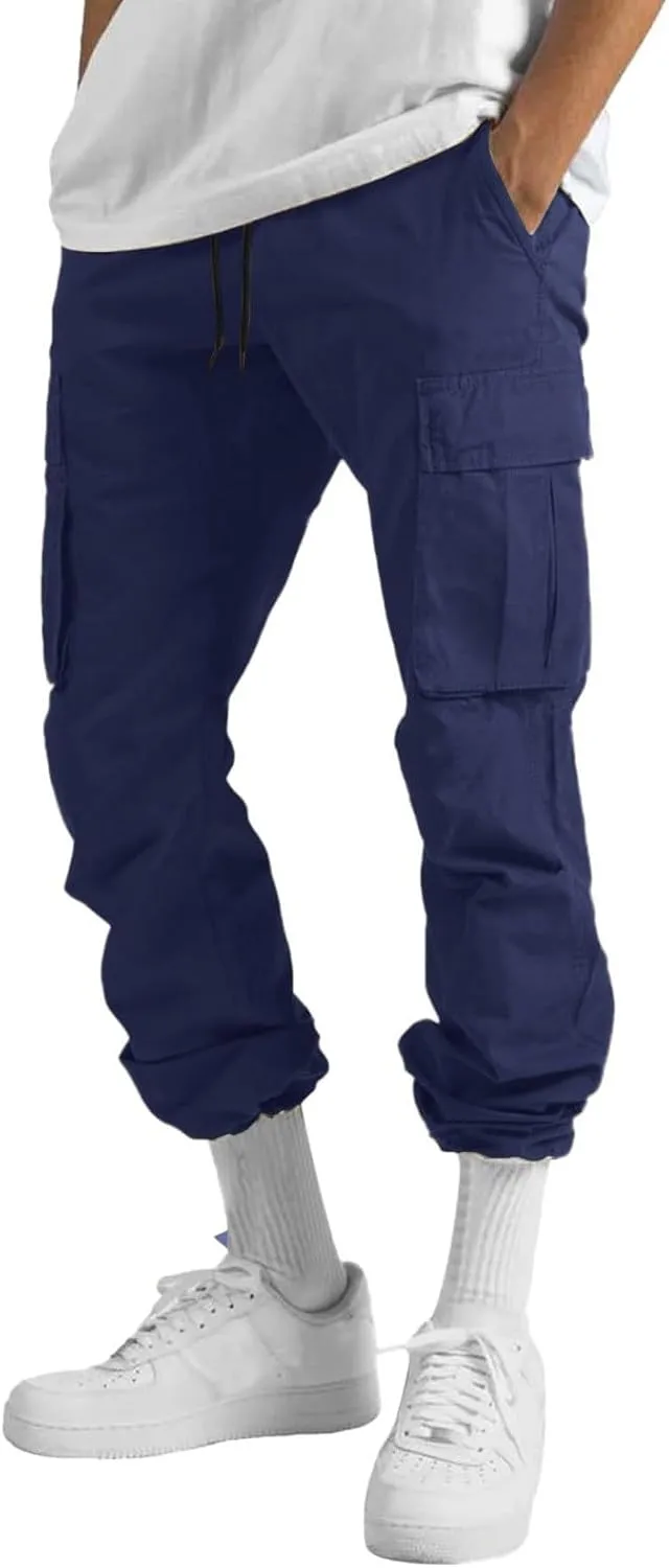 Linen Pants for Men Seasonal Casual Multi-Pocket Sweatpants Foot Rope Waist Tie Solid Pants Plus Size Trousers