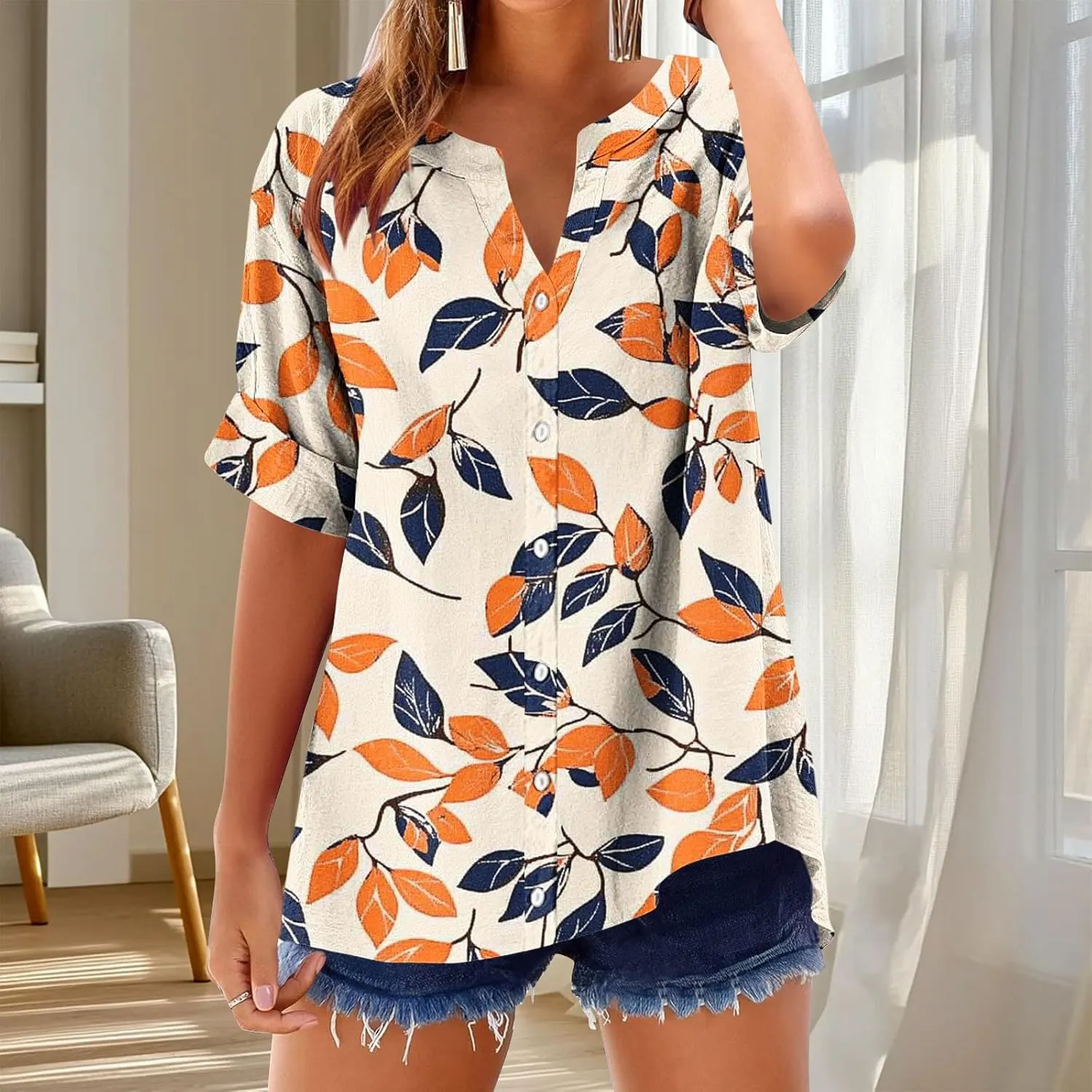 Linen Shirts for Women Loose Fit Short Sleeve Blouse Notch V Neck Tshirt 2025 Spring Fashion Print Top Summer Clothes