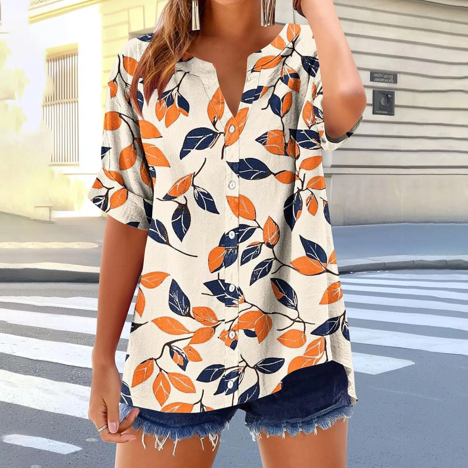 Linen Shirts for Women Loose Fit Short Sleeve Blouse Notch V Neck Tshirt 2025 Spring Fashion Print Top Summer Clothes