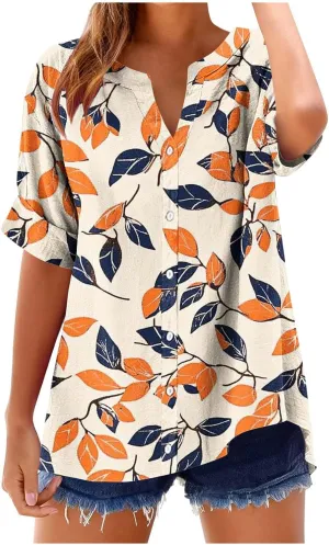 Linen Shirts for Women Loose Fit Short Sleeve Blouse Notch V Neck Tshirt 2025 Spring Fashion Print Top Summer Clothes