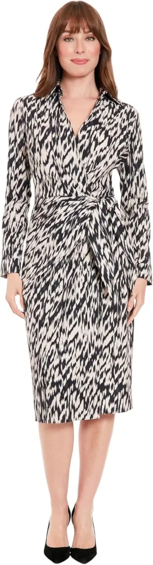 London Times Women's Faux Wrap Side Tie Long Sleeve Midi Dress