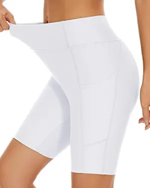 Long Boy Shorts Bathing Suit High Waisted Swim Shorts-White