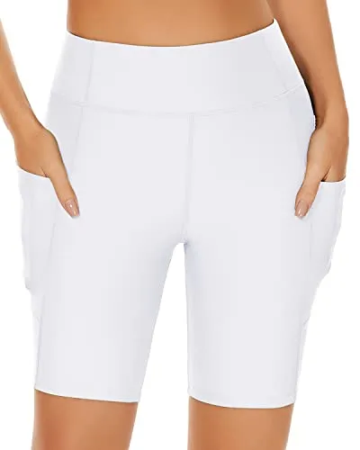 Long Boy Shorts Bathing Suit High Waisted Swim Shorts-White
