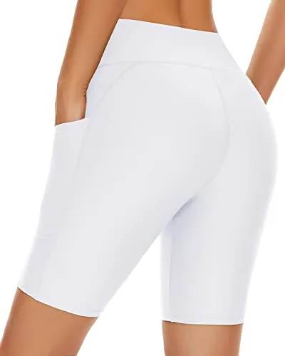 Long Boy Shorts Bathing Suit High Waisted Swim Shorts-White