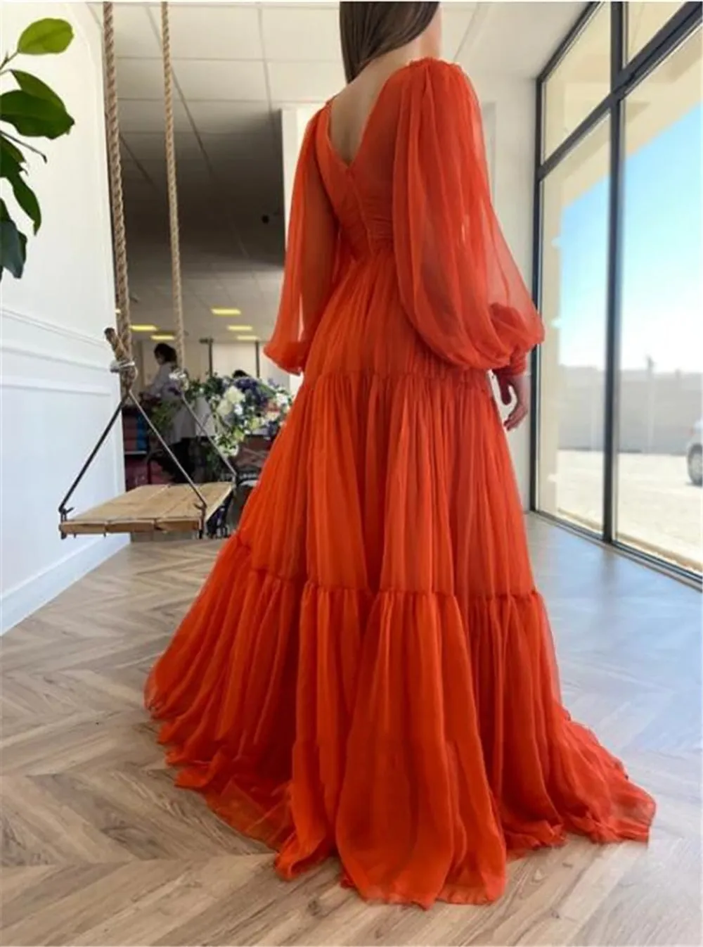 Long Puff Sleeves V-Neck Pleats Chiffon Evening Dress