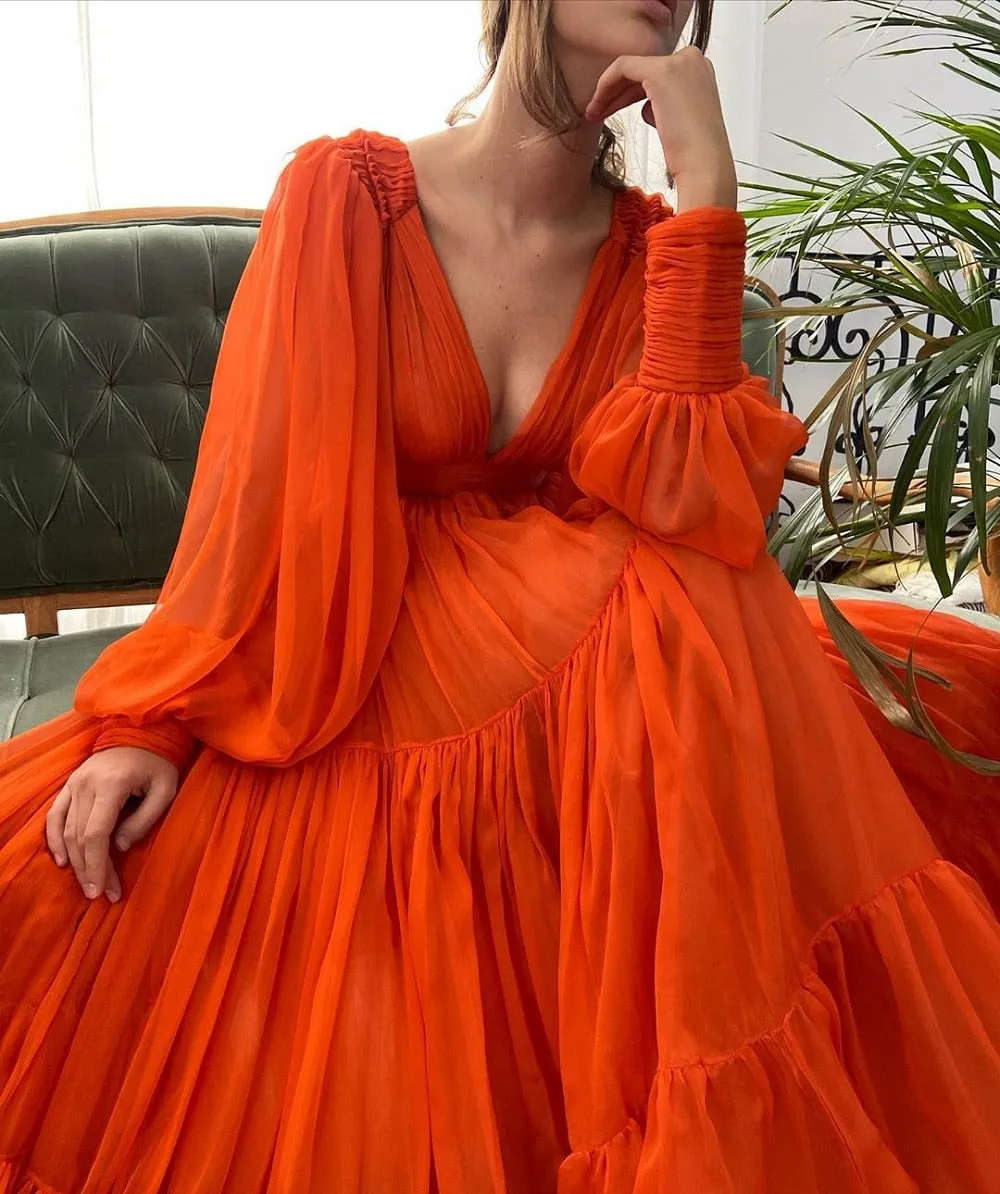 Long Puff Sleeves V-Neck Pleats Chiffon Evening Dress