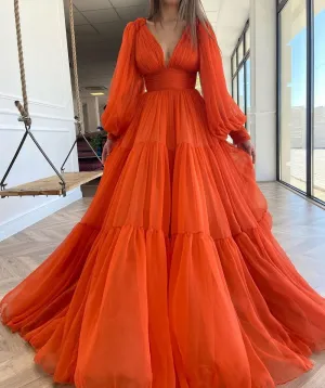 Long Puff Sleeves V-Neck Pleats Chiffon Evening Dress