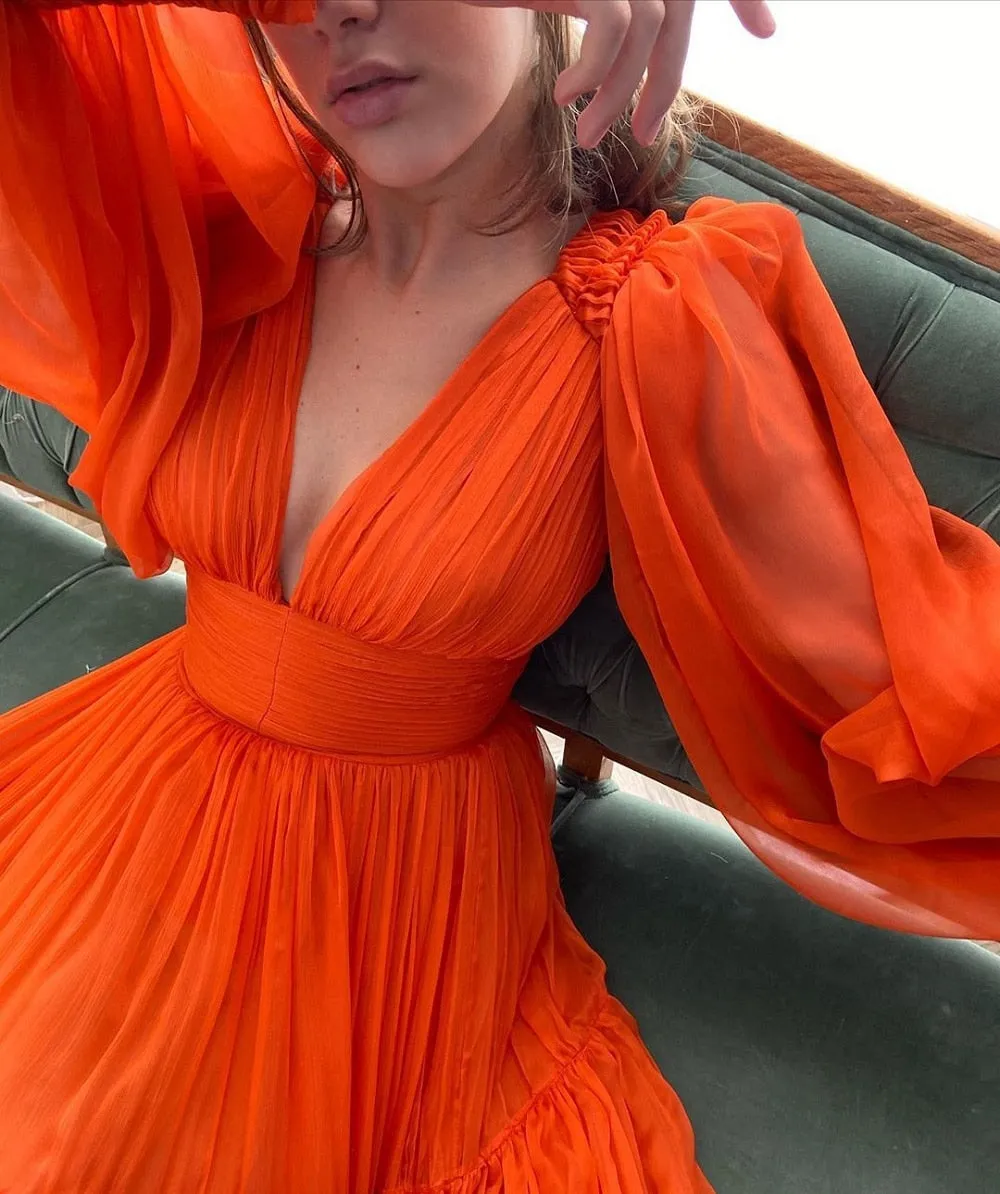 Long Puff Sleeves V-Neck Pleats Chiffon Evening Dress