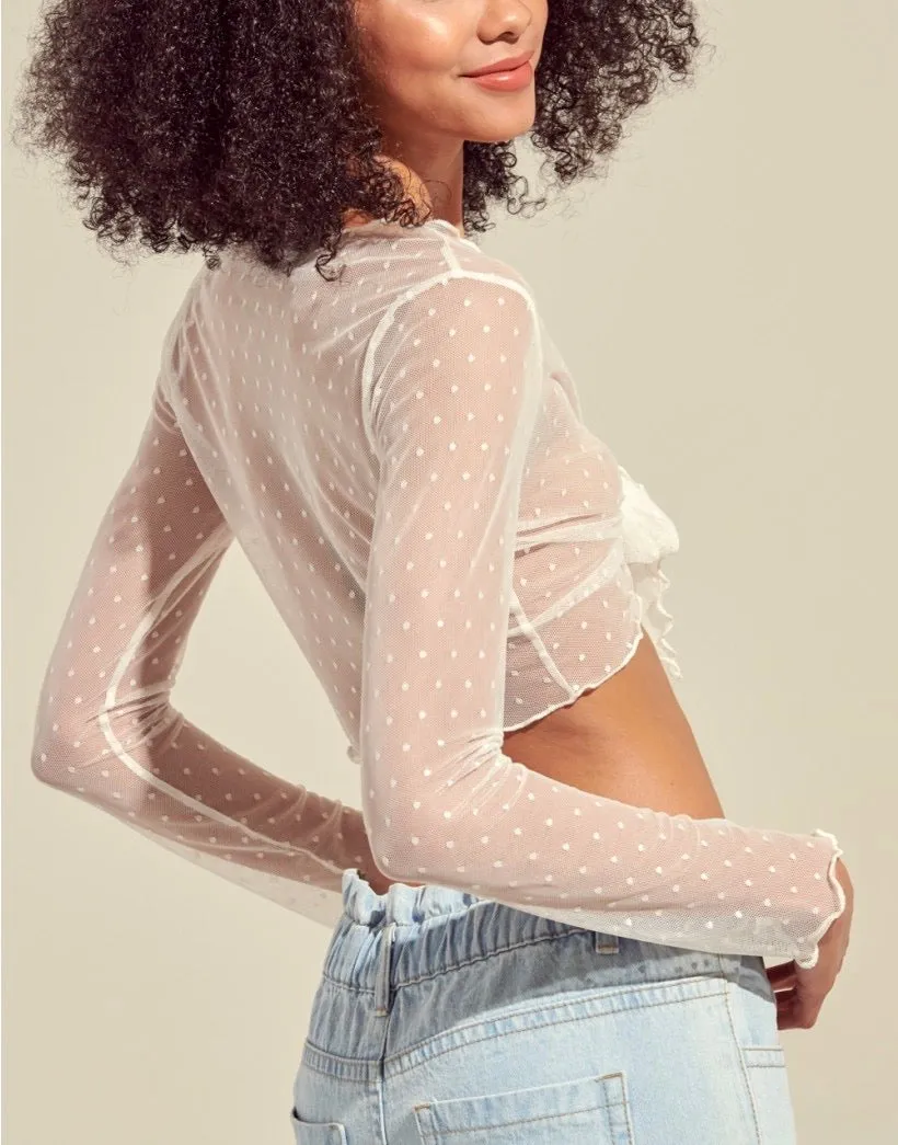 Long Sleeve Lettuce Edge Tie Polka Dot Mesh Crop Top
