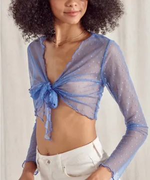 Long Sleeve Lettuce Edge Tie Polka Dot Mesh Crop Top