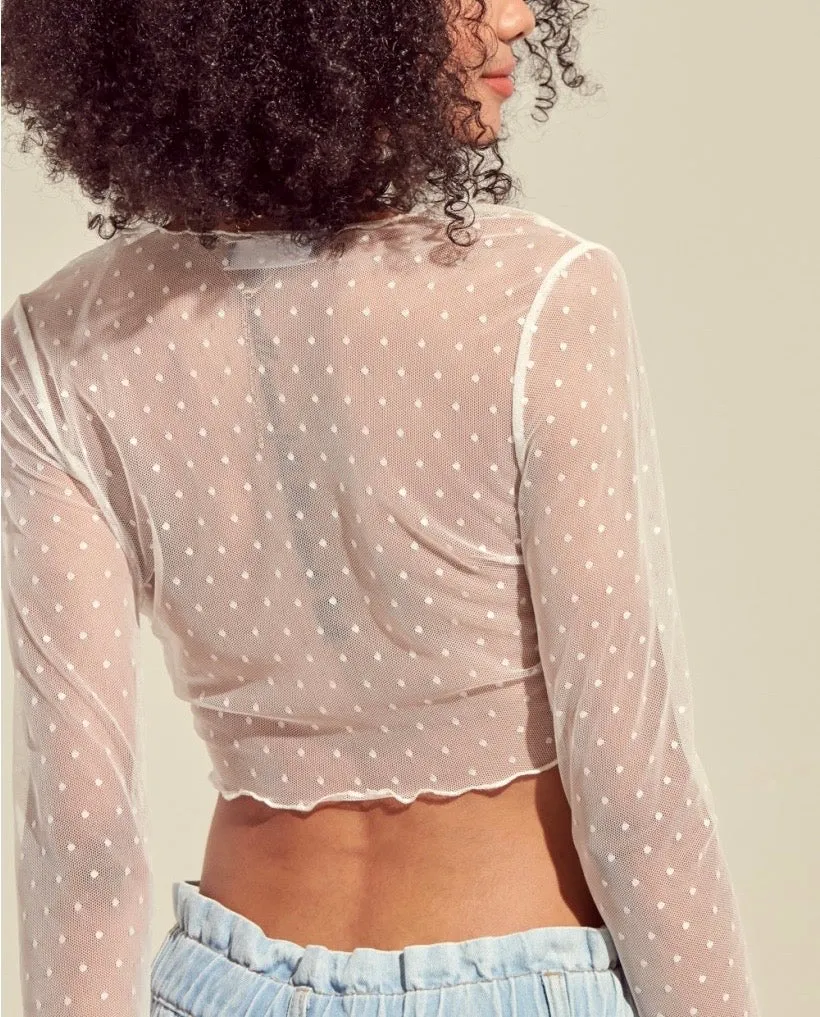 Long Sleeve Lettuce Edge Tie Polka Dot Mesh Crop Top