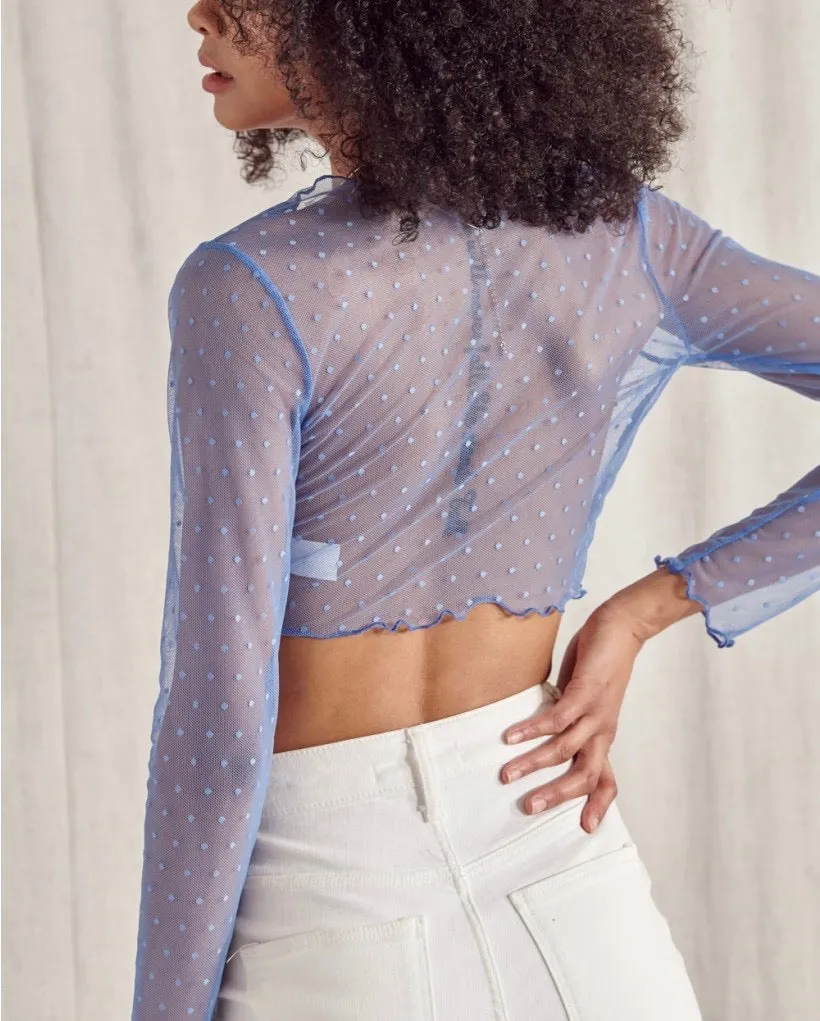 Long Sleeve Lettuce Edge Tie Polka Dot Mesh Crop Top