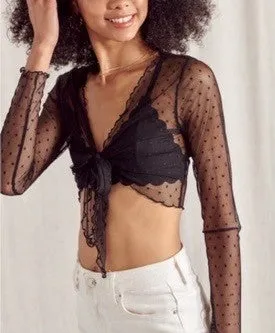 Long Sleeve Lettuce Edge Tie Polka Dot Mesh Crop Top