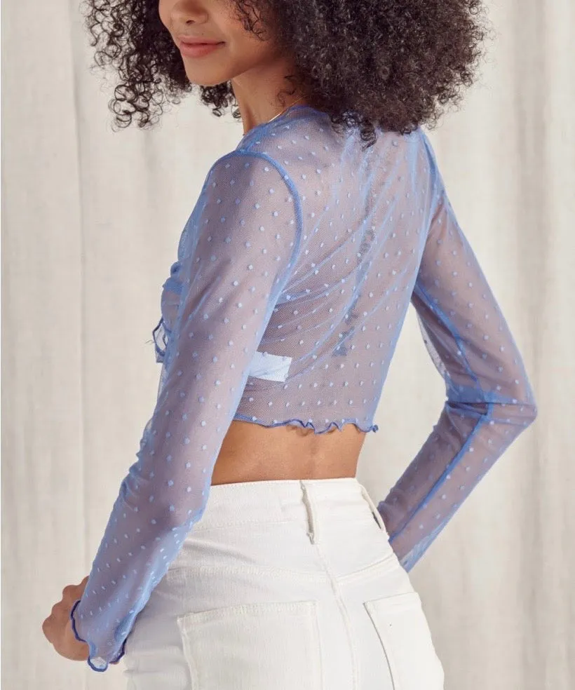 Long Sleeve Lettuce Edge Tie Polka Dot Mesh Crop Top